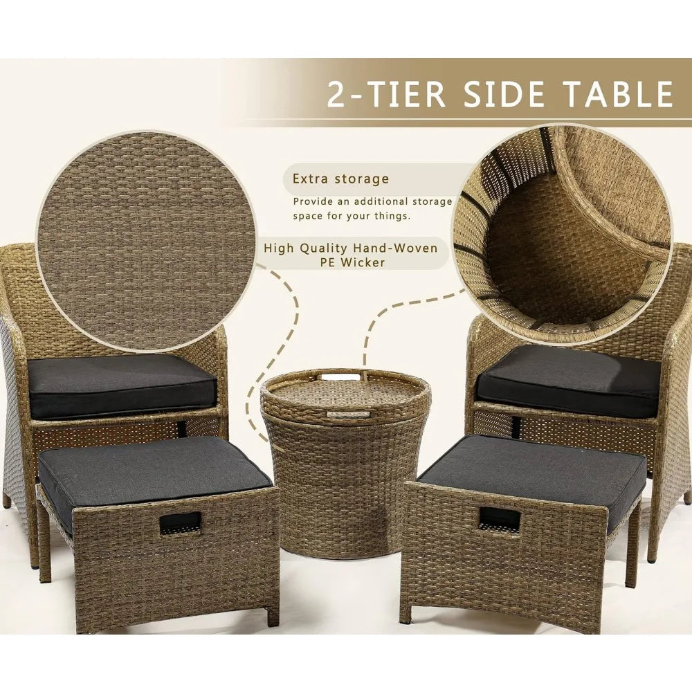 Outdoor Patio Wicker 5-Piece Furniture Set, No Assembly Required All-Weather Rattan Conversation Bistro & Storage Table for Gard
