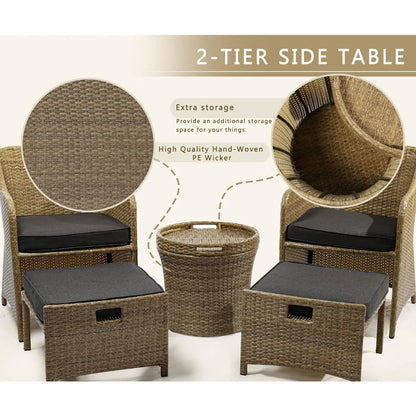 Outdoor Patio Wicker 5-Piece Furniture Set, No Assembly Required All-Weather Rattan Conversation Bistro & Storage Table for Gard