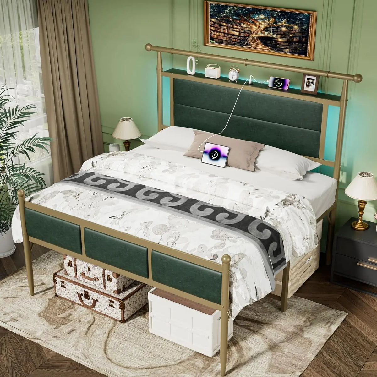Victorian Metal King Size Bed Frame with Led Lights, Green