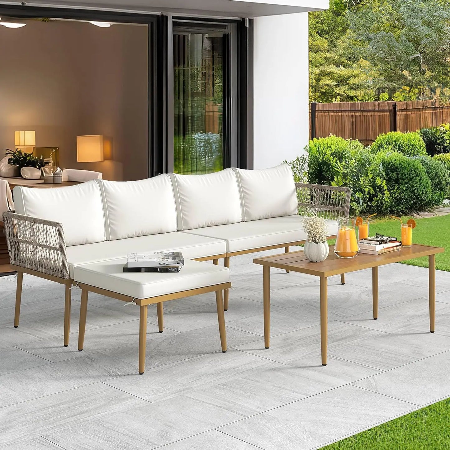 6-Piece Outdoor Rattan Sofa Set with Ottoman and Side Table, Boho Beige Patio Furniture for Backyard