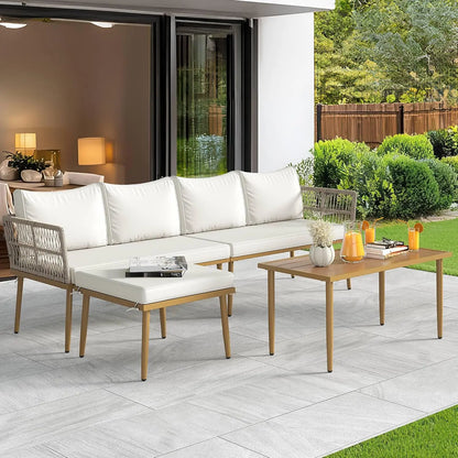 6-Piece Outdoor Rattan Sofa Set with Ottoman and Side Table, Boho Beige Patio Furniture for Backyard