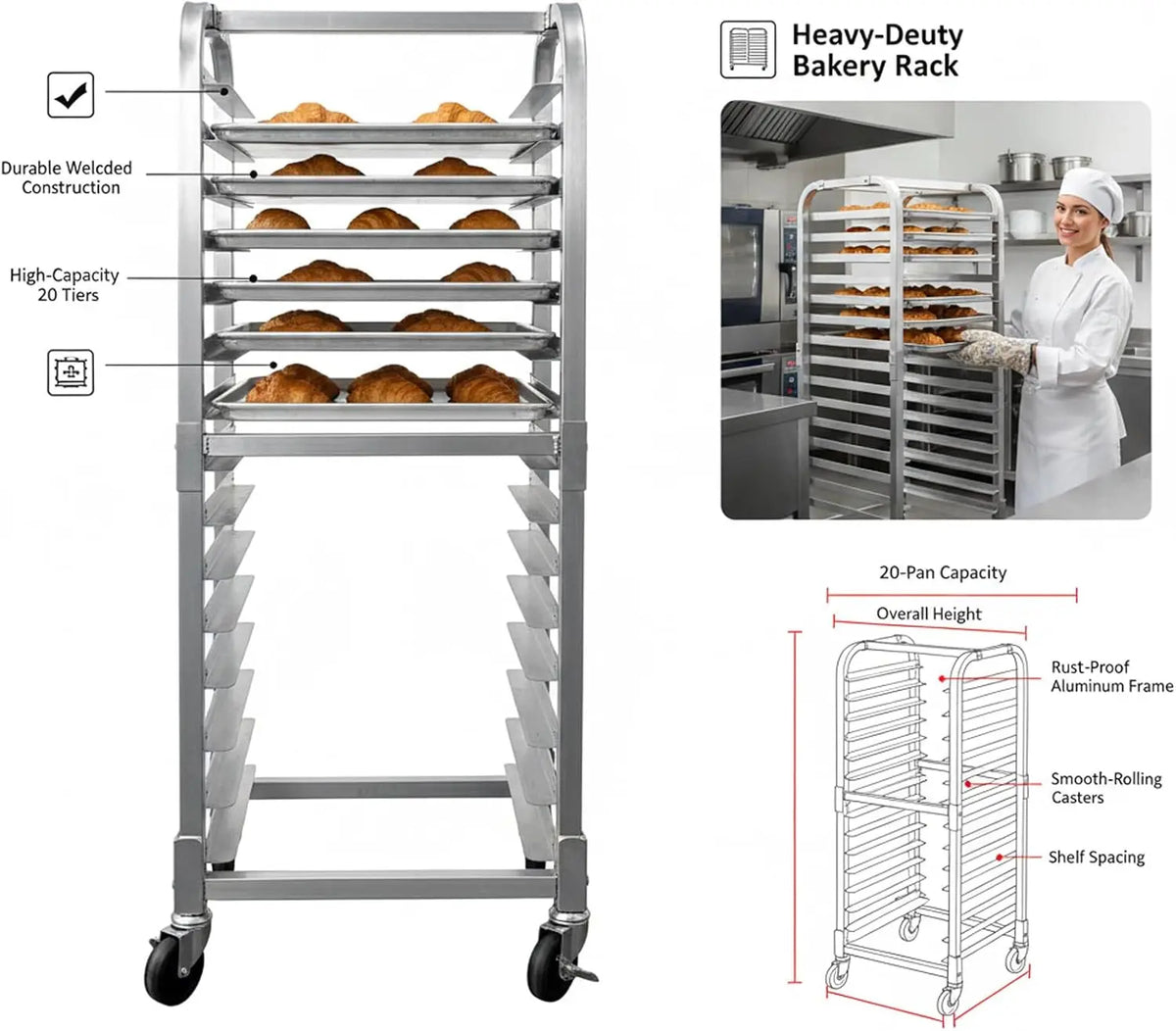 Garvee 20 Tier Aluminum Bun Pan Rack with Wheels 20x26inch Cake Cooling Rack Aluminum Construction Baking Tray Oven Pizza Bread Holder BBQ Shelf Kitchen