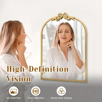 Arched Gold Mirror 27x19 Antique Bathroom Vanity Wall Mirrors with Metal Frame, Baroque Ornate Bow Decor for Living Room, Firepl