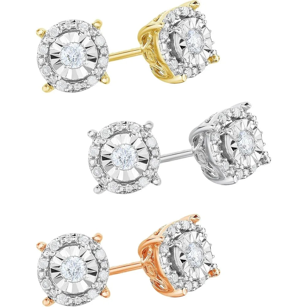 Sterling Silver Women's Diamond Halo Stud Earrings Set, I-J Color, I2-I3 Clarity, 925 Silver Long-Lasting Jewelry