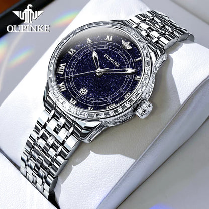 OUPINKE Top Luxury Brand Women's Watches Calendar Automatic Mechanical Watch Starry Sky Dial Romantic Gift Female Wristwatch