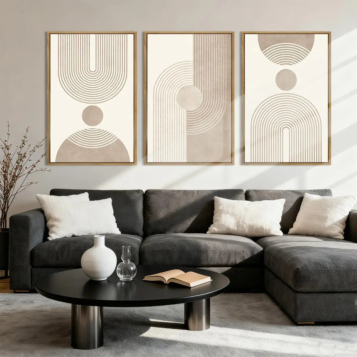 Beige Neutral Canvas Wall Art Framed Geometric Abstract Decor for Living Room Bedroom Office 16x24 Set of 3