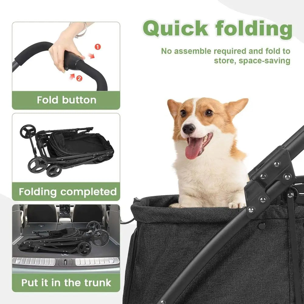 Dog Travel Stroller with 4 Heavy Duty Wheels, oldable Pet Stroller with Adjustable Handle - Double De acity Jogger Wagon with Ba