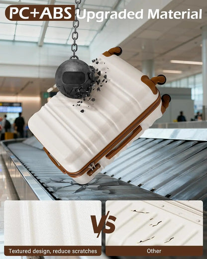 LONG VACATION 6 Piece Luggage Set Carry on Suitcase with ABS+PC hardshell, Spinner Wheels & YKK Zipper TSA Lock (BEIGE-BROWN