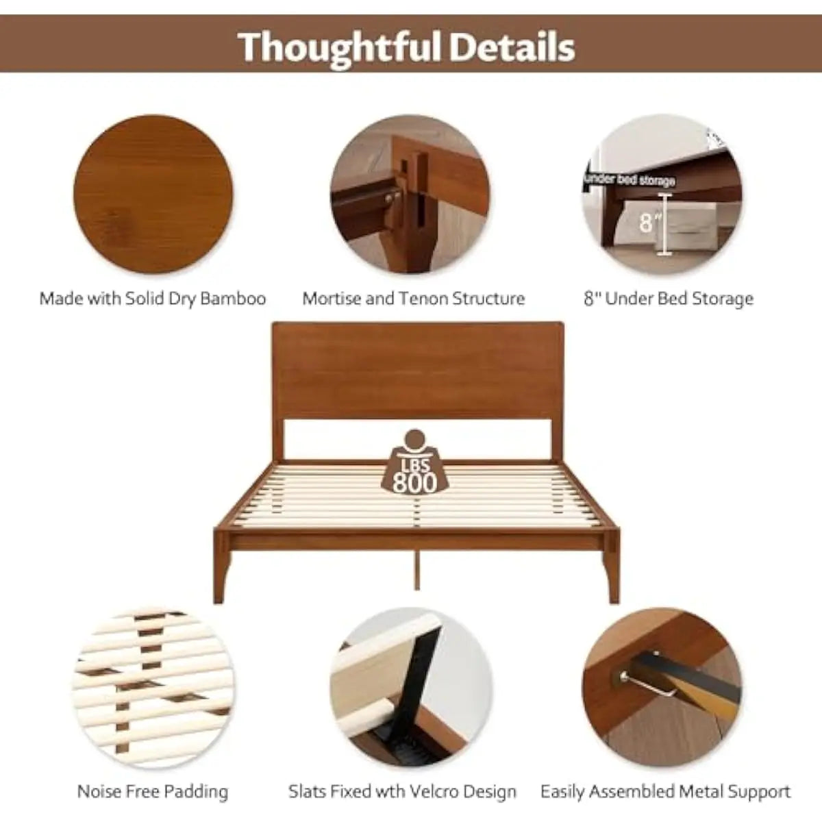 Queen Bamboo Bed Frame Tall Headboard Modern Mid-Century Design Natural Texture Noiseless Slats No Box Spring Needed Lightweight