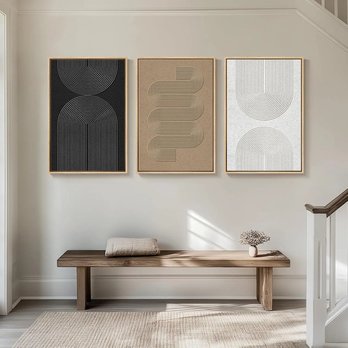 Large Abstract Wall Art Set of 3, Black White Brown Minimalist Canvas Prints for Living Room Office Decor
