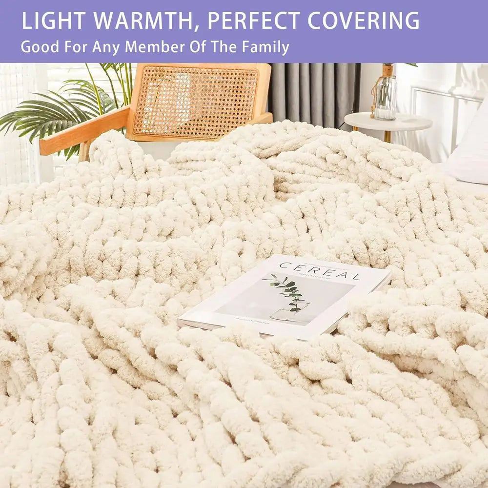 Chunky Knit Throw Blanket for Couch, 80x90 inches, 100% Hand Knitted with Thick Jumbo Chenille Yarn, Cozy Soft Large Rope Knot C