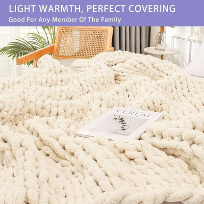 Chunky Knit Throw Blanket for Couch, 80x90 inches, 100% Hand Knitted with Thick Jumbo Chenille Yarn, Cozy Soft Large Rope Knot C