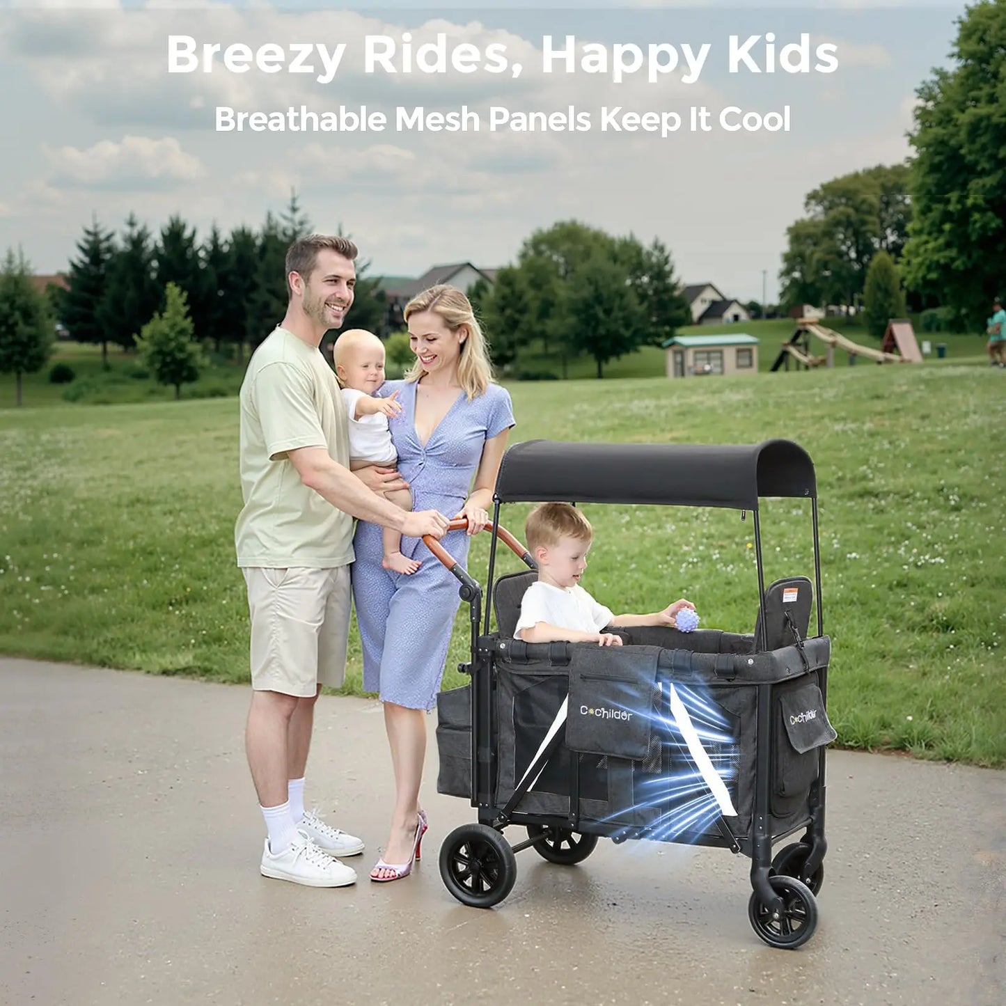 Foldable 2-seater baby stroller, outdoor storage cart, portable camping vehicle, shock-absorbing, detachable sunshade