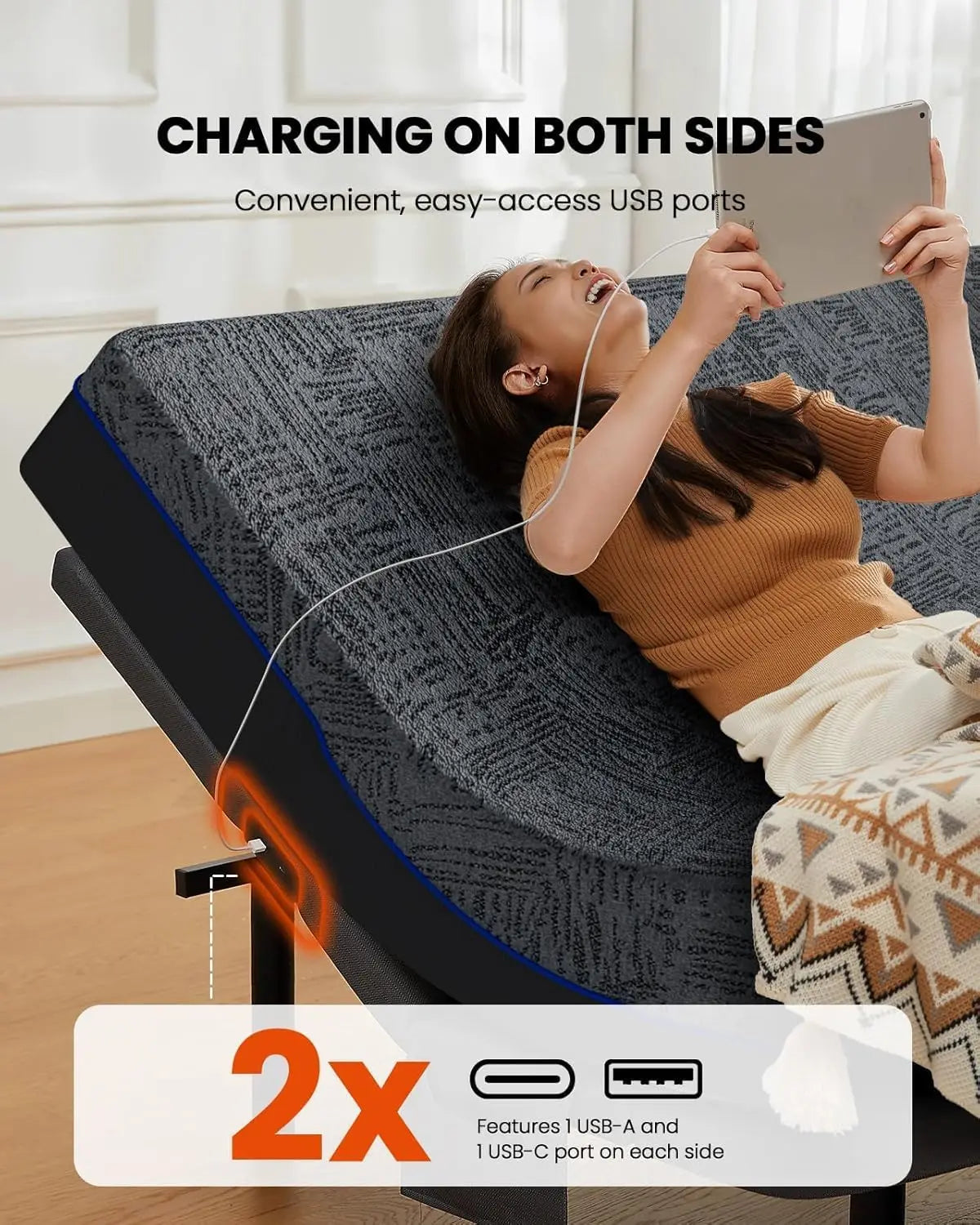 Split King Electric Adjustable Bed Base with Built-In Massage, Head & Foot Incline, 4 USB Ports, Under-Bed Nightlight, and 4 Height Positions - Adjustable Frame for Personalized Comfort