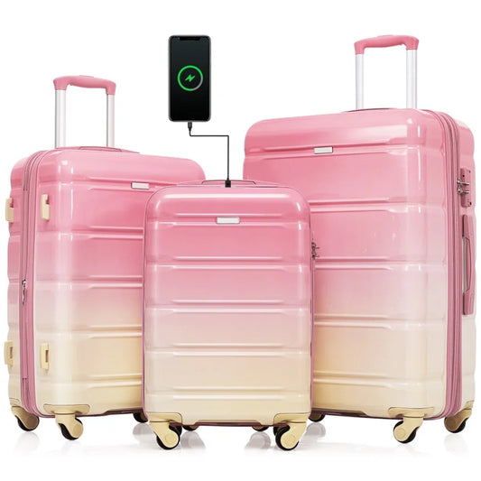 Luggage Set of 3, 20-inch with USB Port, Airline Certified Carry-on Luggage, ABS+PC Hard Shell Luggage with Spinner Wheels, pin