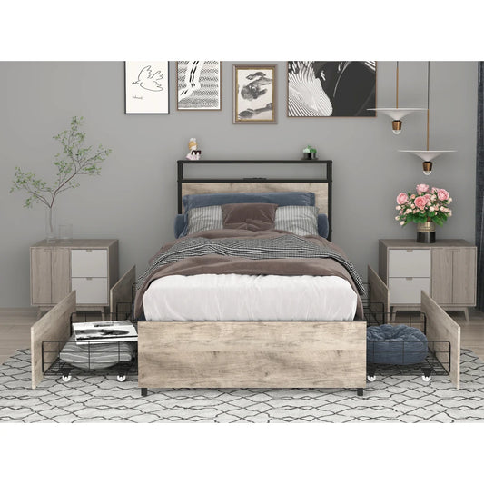 Orraves Twin Bed Frame, Storage Headboard with Charging Station, Solid and Stable, Noise Free, No Box Spring Needed, Easy Assembly