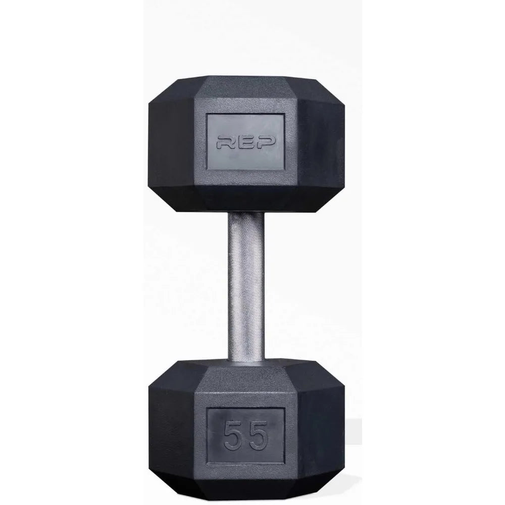 Rep Fitness Rubber Hex Dumbbell Sets - Single Weights Over 55lbs and Pairs from 5lbs to 50lbs - Low Odor, Fully Knurled Grips