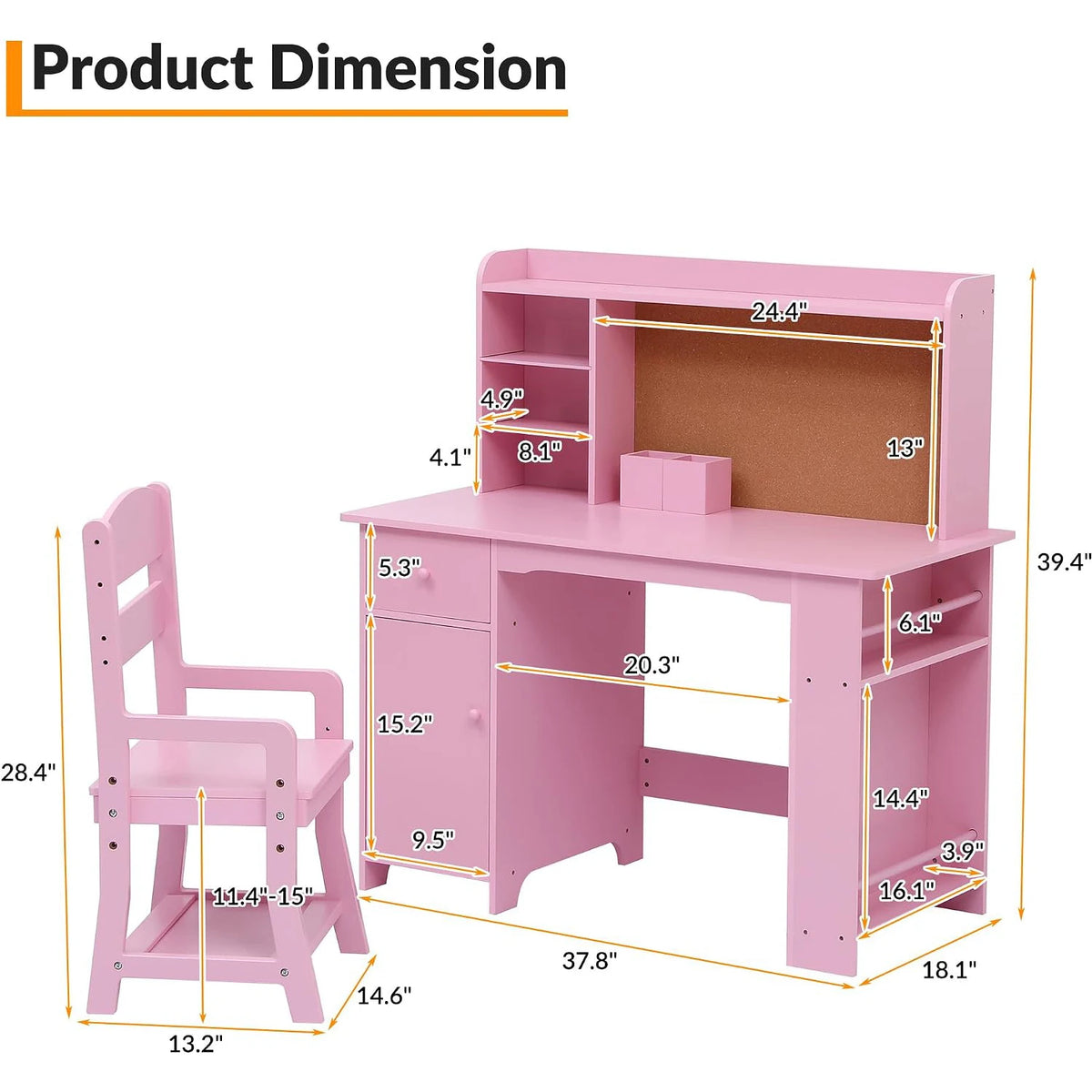 Kids Desk and Chair Set, Wooden Study Table with Bookshelf, Bulletin Board, Storage Shelf, Cabinet & Drawer, Homework Writing Desk for Ages 3-8, Pink