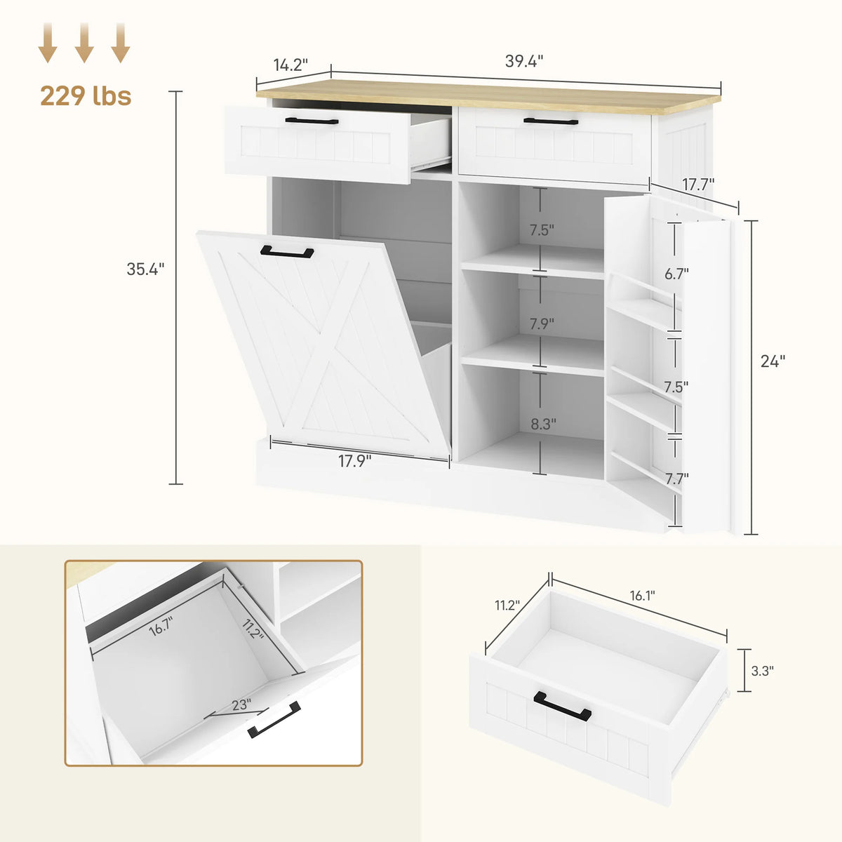 HOMCOM Tilt Out Trash Can Cabinet, 10 Gallon Farmhouse Kitchen Cabinet with Hidden Trash Can and 2 Drawers for Laundry Room, Pantry, Kitchen, White