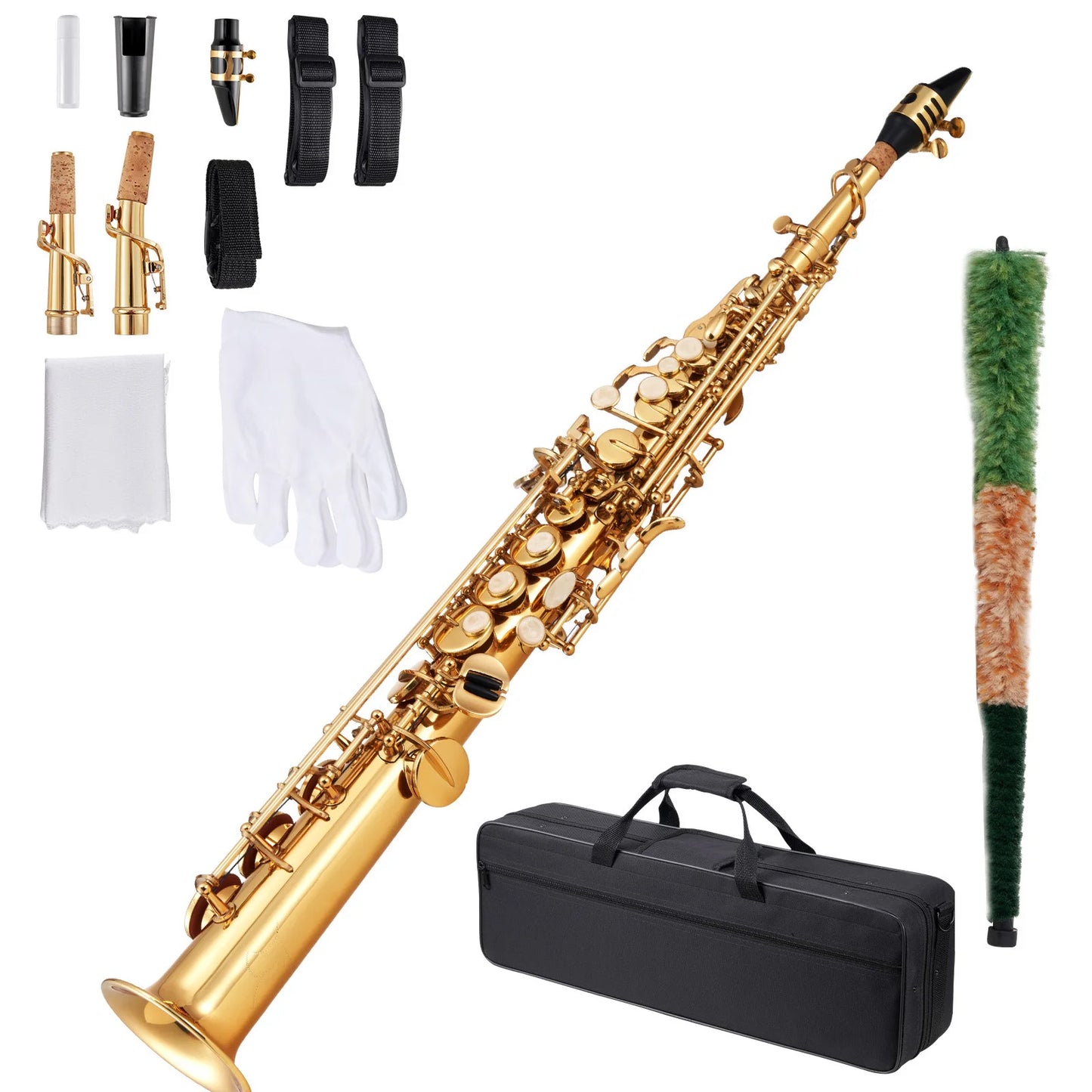 SucceBuy Straight Soprano Brass Saxophone B Flat 23 Keys, Mouthpiece, Cleaning Cloth Rod, Gloves, Neck Strap, kit for Beginners
