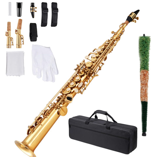 SucceBuy Straight Soprano Brass Saxophone B Flat 23 Keys, Mouthpiece, Cleaning Cloth Rod, Gloves, Neck Strap, kit for Beginners