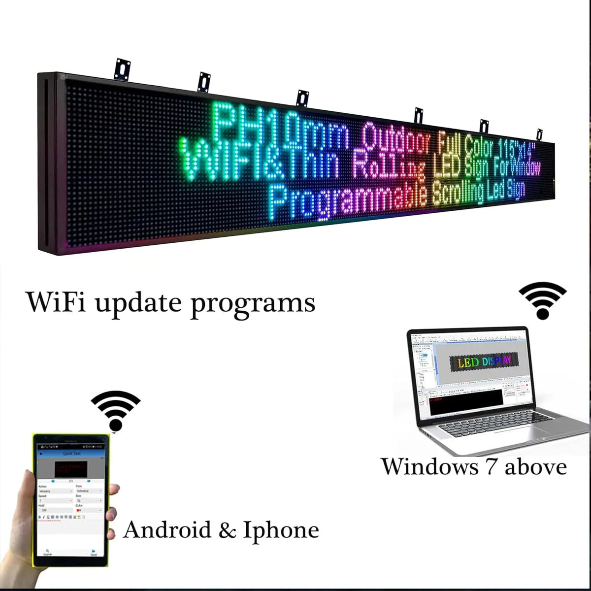 P10 Semi-Outdoor Programmable Scrolling LED Sign WiFi Control LED Digital Display Screen Message Board, RGB 115’’x14’’ Open Sign