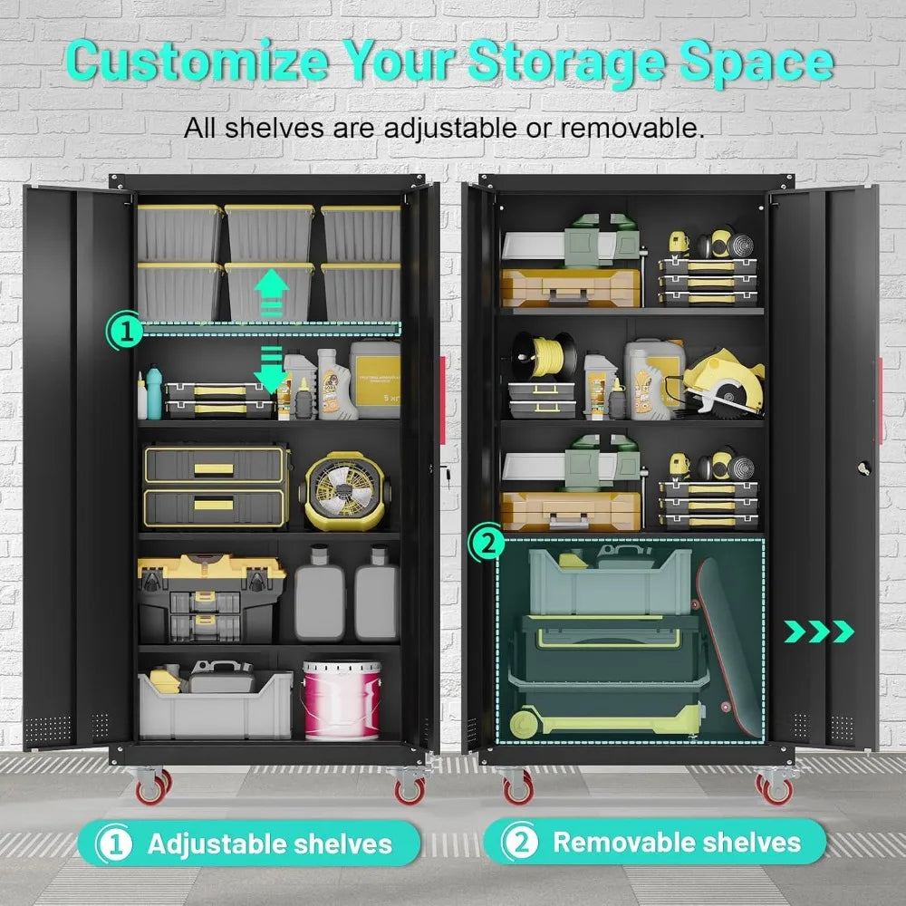 Metal Garage Cabinets with Wheels Steel Lockable Garage Storage Cabinet with Adjustable Shelves, Heavy-Duty Tool Storage Cabinet