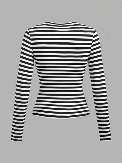 3-Pack Women's Long Sleeve Striped & Solid Round Neck Tees - Slim Fit Fall Tops