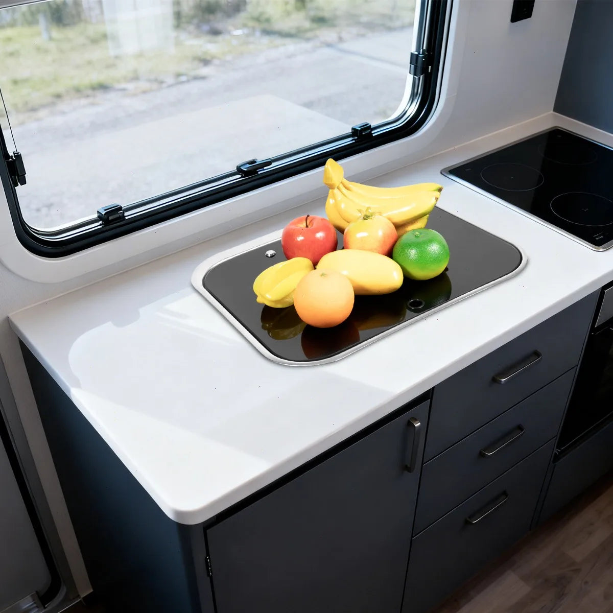 Kitchen Sink, Rv Sink, Water Sink, 304 Stainless Steel, Bathroom Camper, Faucet and Accessories Kit, Black Tempered Glass Cover, Dual-use Countertop, Motorhome, Modern, Corrosion Resistant, Easy Install