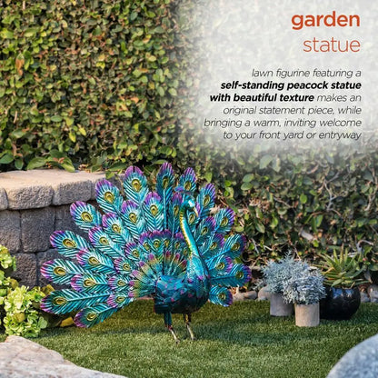 23 Tall Outdoor Metallic Peacock Tail Spread Yard Statue, Vibrant Garden Sculpture for Patio, Lawn, or Entryway, Multicolor
