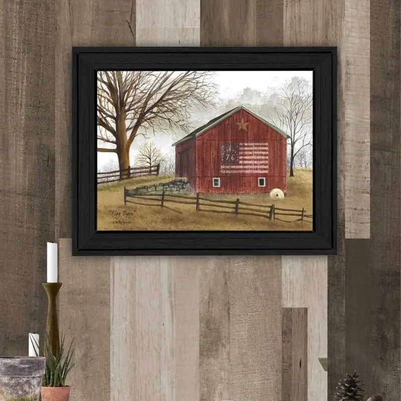 Flag Barn Wall Art, Ready to Hang Framed Print with Black Frame