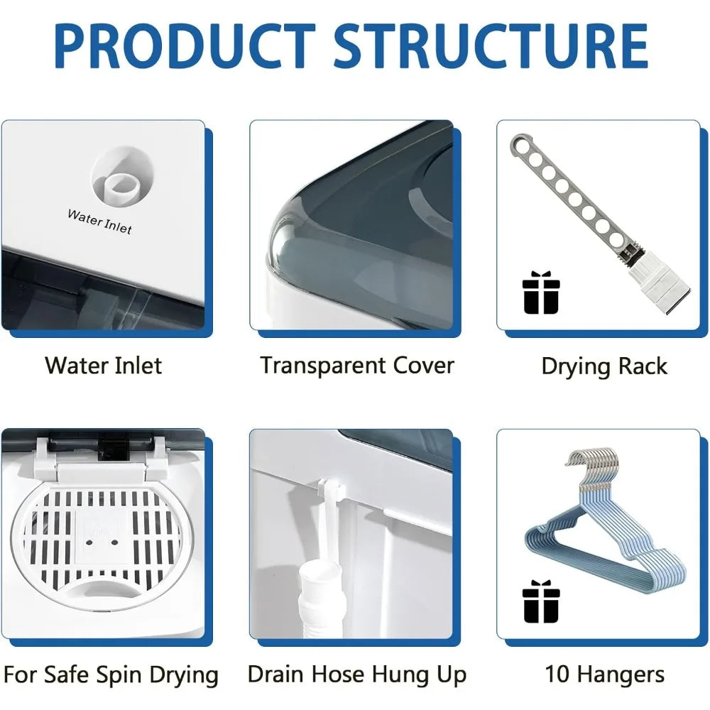 Portable Washing Machine, 32lbs Twin Tub (20lbs Washer + 12lbs Spinner) with 10 Hangers and Drying Rack, Semi-Automatic Compact