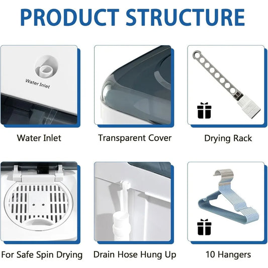 Portable Washing Machine, 32lbs Twin Tub (20lbs Washer + 12lbs Spinner) with 10 Hangers and Drying Rack, Semi-Automatic Compact