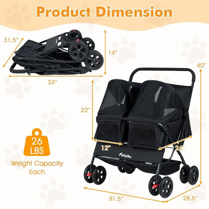 Foldable Double Pet Stroller for 2 Puppies Cats Black 2-Seater Carrier with Adjustable Sunshade Removable Pad Safety Belt Stora