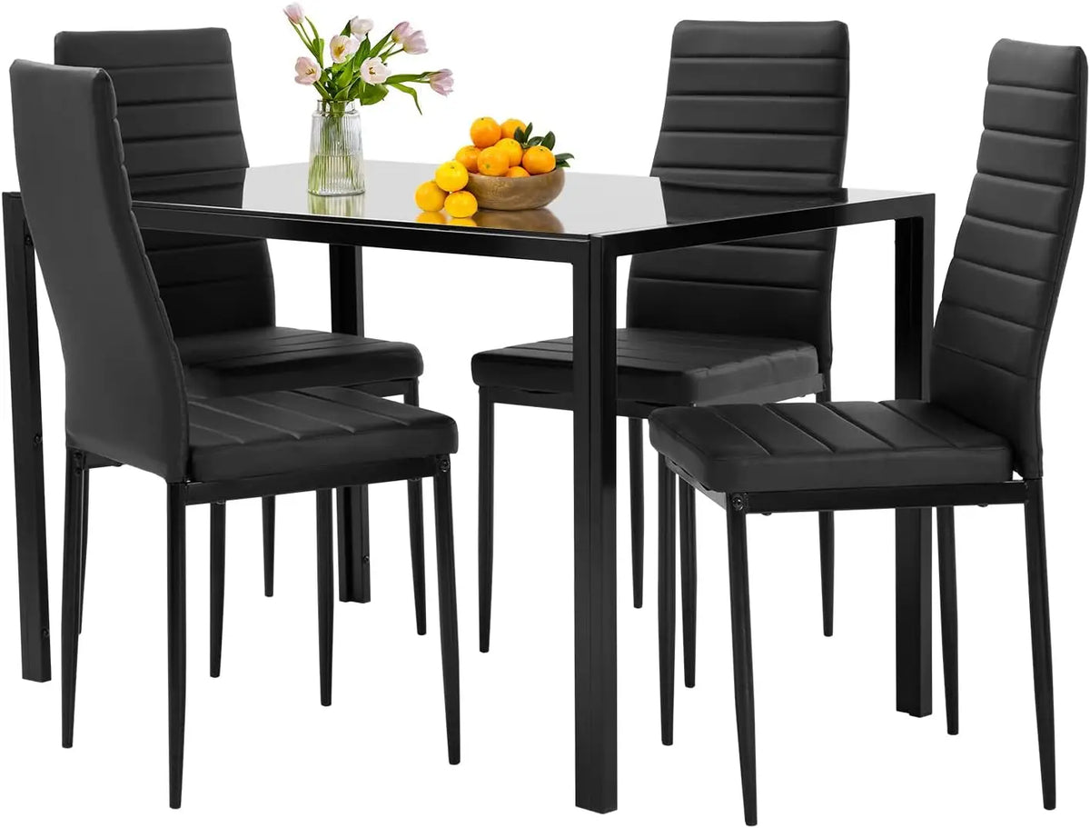 5-Piece Dining Table Set | Black | Glass Kitchen Table
