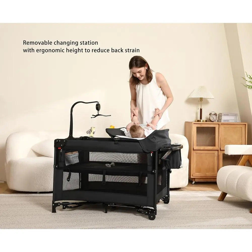 5-in-1 Portable Baby Playard: Crib, Bassinet, Bedside Sleeper, Changing Table & Playpen with Breathable Mesh for Newborns to Tod