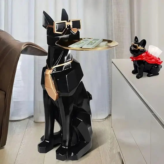 homary Modern Resin Dog Sculpture Geometric Standing Statue Cute Side Table Tray End Table with Tissue Storage (Black)