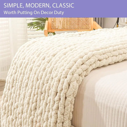 Chunky Knit Throw Blanket for Couch, 80x90 inches, 100% Hand Knitted with Thick Jumbo Chenille Yarn, Cozy Soft Large Rope Knot C