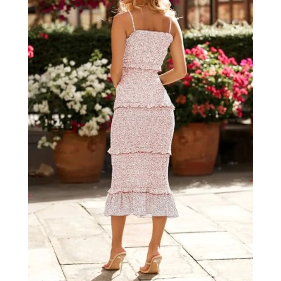 Women Summer Casual Floral Midi Smocked Bodycon Dresses Spaghetti Strap Square Neck Ruffle Mermaid Prom Dress