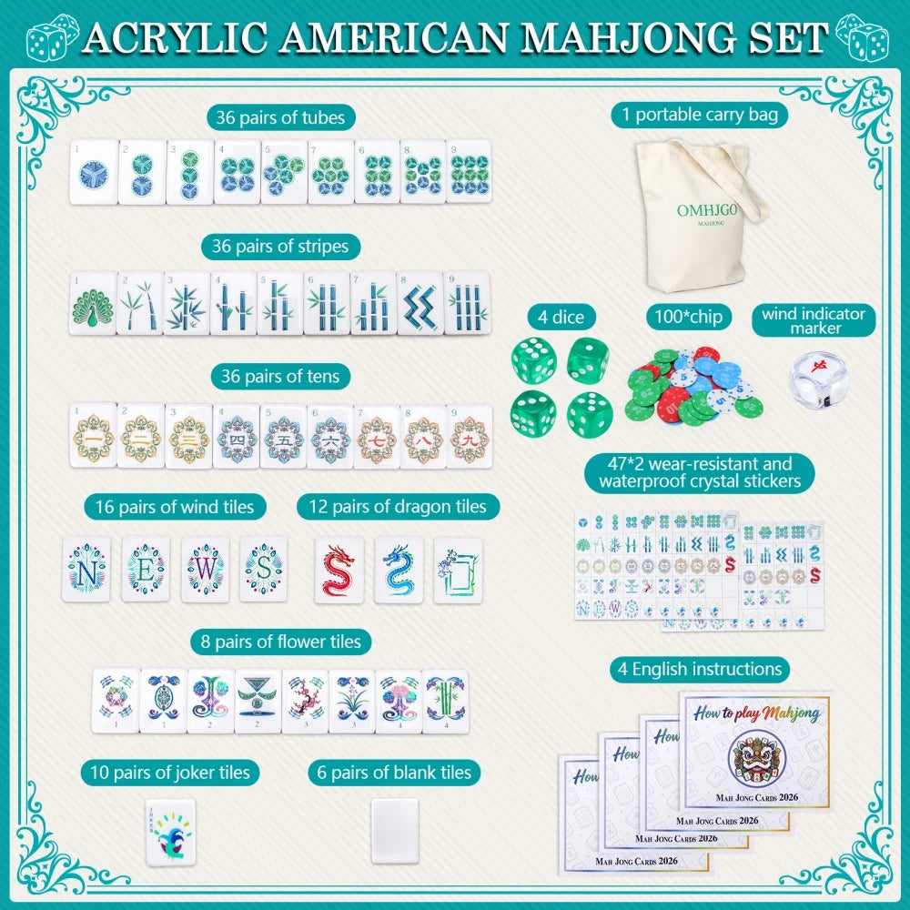 US Stock Lake Blue Luxury Engraved American Mahjong Set 4-Layer Acrylic Mahjong Tiles Travel Mah Jongg Sets for Home Board Games