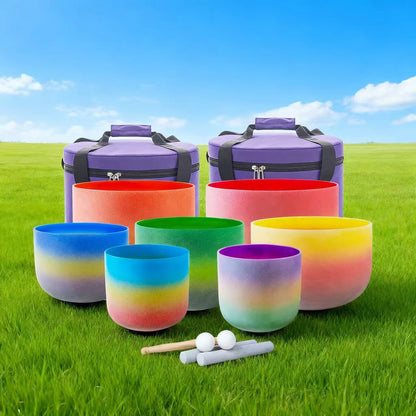 Colored Quartz Crystal Singing Bowl 7pcs Chakra Set Sound Healing Meditation with/without Free Carry Bags
