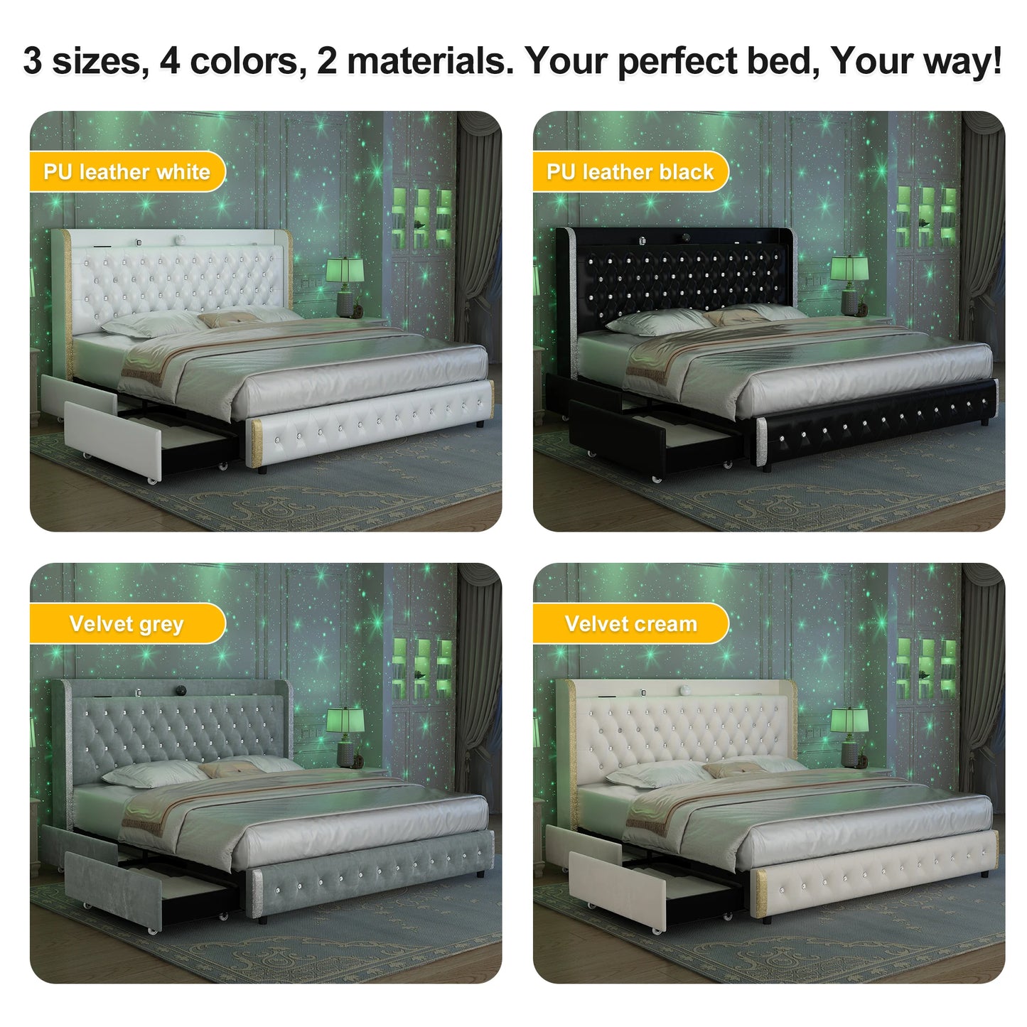 GEGOFORU Queen LED Bed Frame with Galaxy Projector, Bluetooth Speaker, USB Ports, 4 Drawers, No Box Spring Needed, PU Black