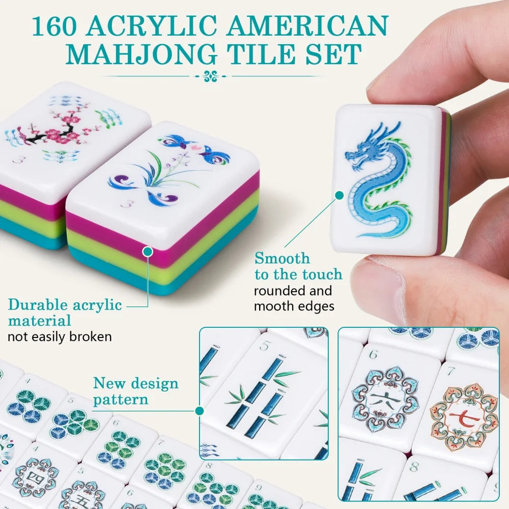 US Stock Lake Blue Luxury Engraved American Mahjong Set 4-Layer Acrylic Mahjong Tiles Travel Mah Jongg Sets for Home Board Games
