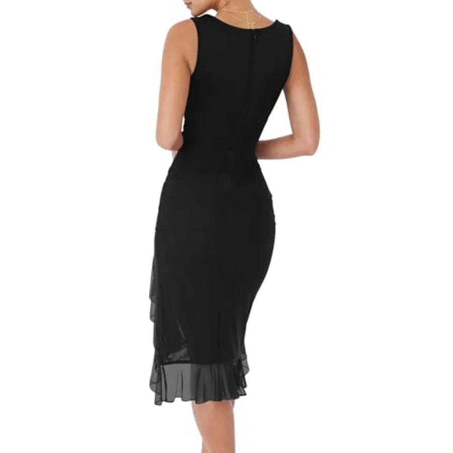 Women's Sexy Ruched Bodycon Midi Dresses Square Neck Sleeveless Ruffle Hem Club Party Tank Dress