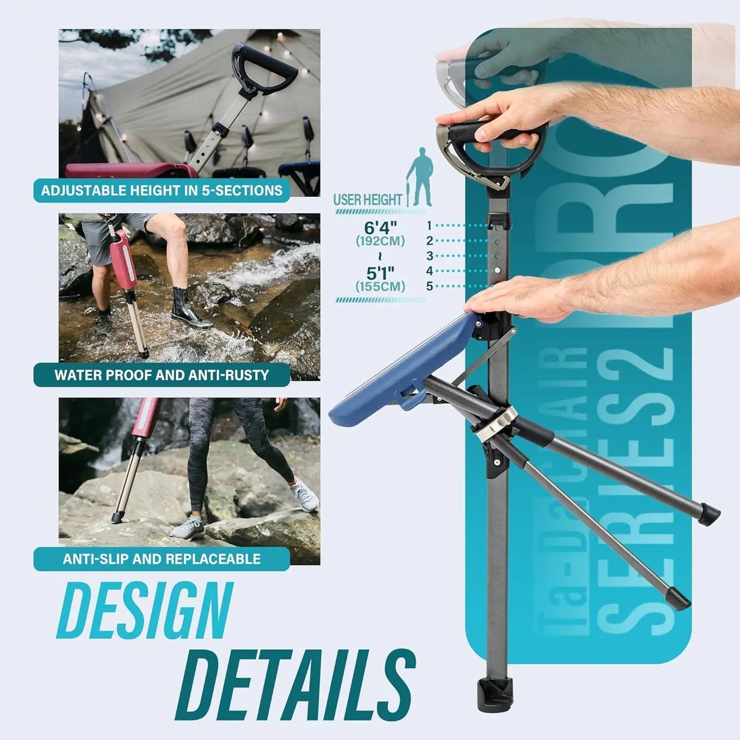 Portable Trekking Pole with Foldable Seat, Lightweight Aluminum Walking Stick Chair for Hiking Support