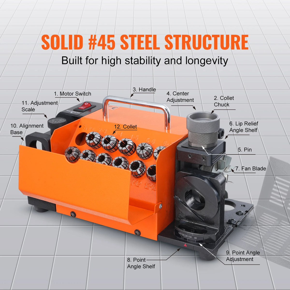 SucceBuy Drill Bits Sharpener 3-13mm Mill Grinder Sharpener Sharpening Angle Grinder with 11 Collets For Factory Workshop