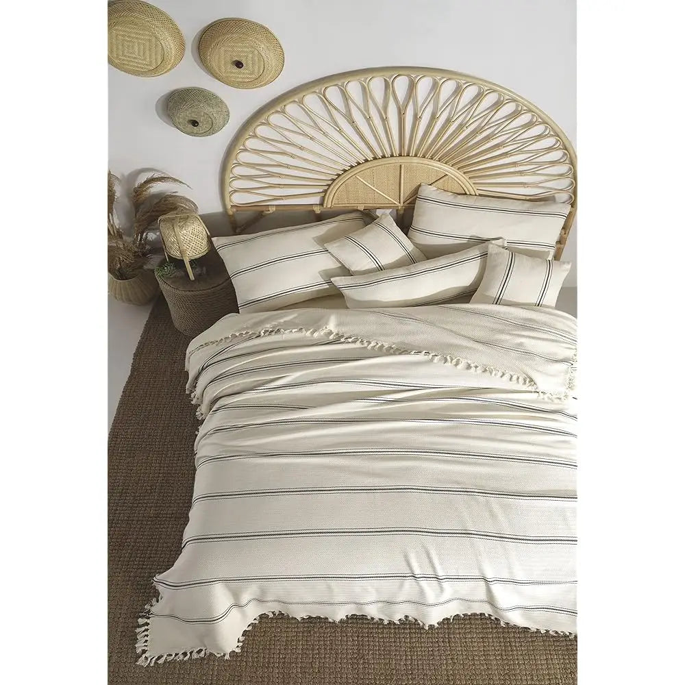 Cream Cotton King Bedspread, Turkish Cotton Throw Blanket, Queen Size Bedspread, Plaid Striped Large Throw, Farmhouse Decor