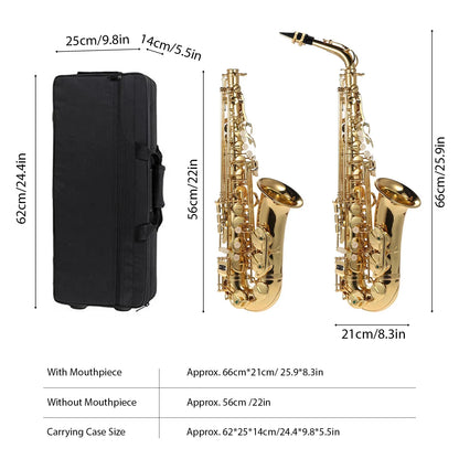 US Eb Alto Saxophone Brass Lacquered Gold E Flat Sax 802 Key Type Woodwind Instrument Cleaning Brush Cloth Gloves Strap Padded