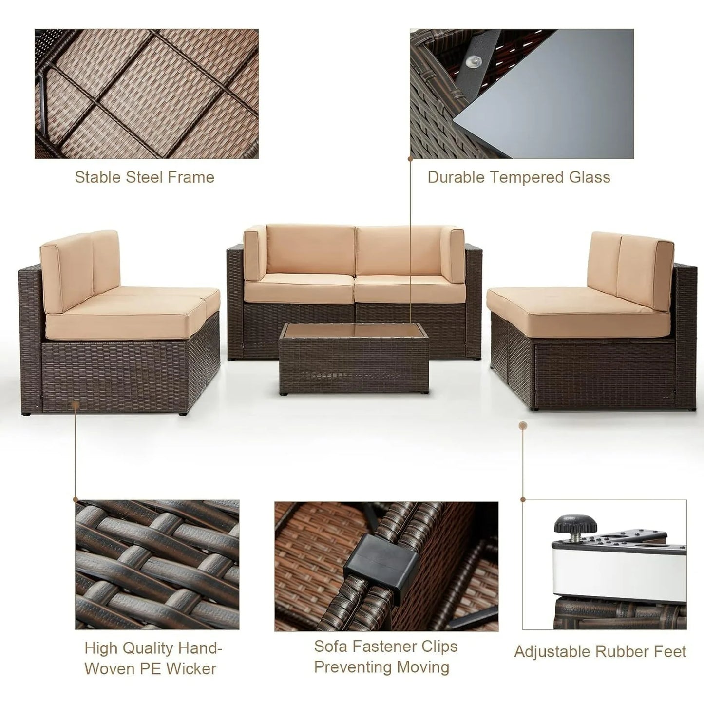7 Piece Outdoor Patio Furniture Set, PE Rattan Wicker Sofa Set, Outdoor Sectional Furniture Chair Set  Brown