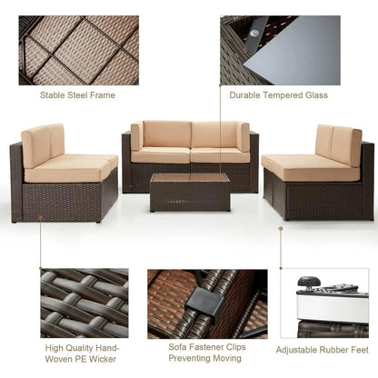 7 Piece Outdoor Patio Furniture Set, PE Rattan Wicker Sofa Set, Outdoor Sectional Furniture Chair Set  Brown